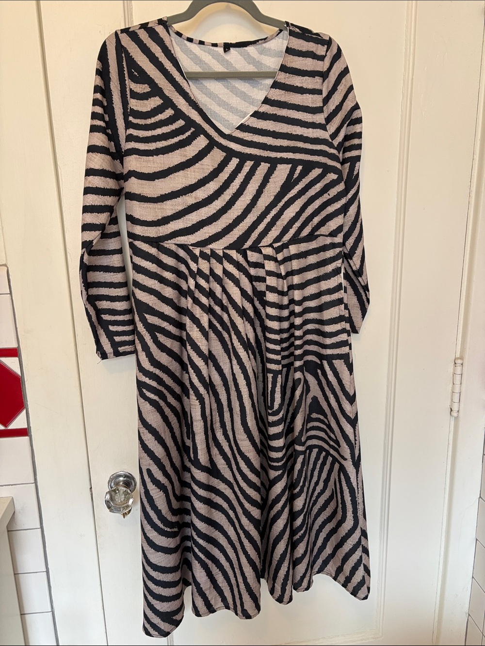 V-Neck Long Sleeve Zebra Print Midi Dress in Taupe and Black